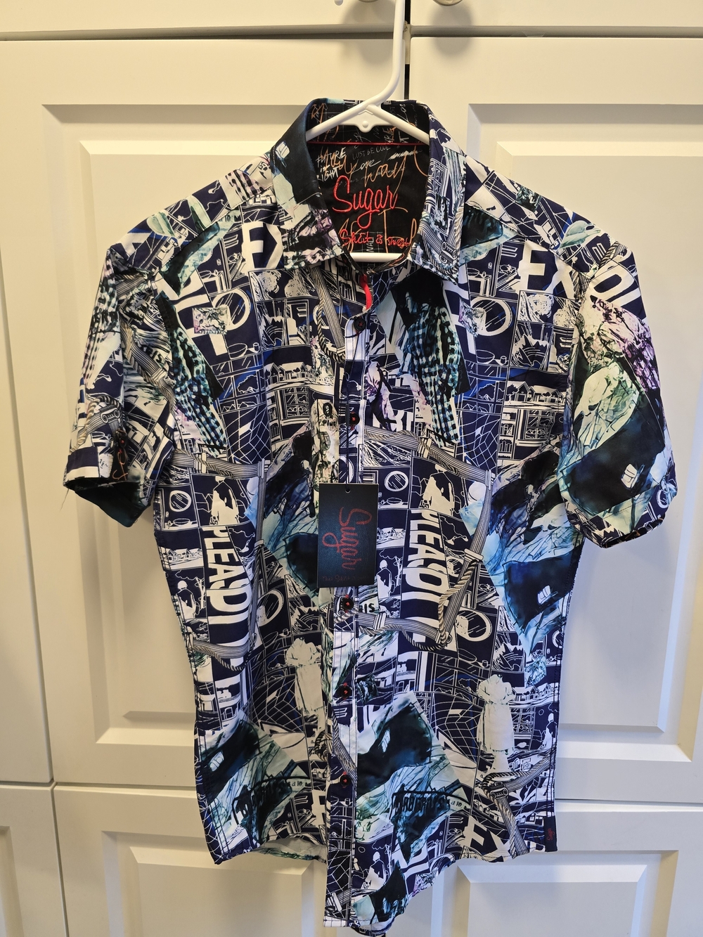 NWT Sugar That Shirt Is Sweet Men's Small Comic Book Style Button Down Midnight